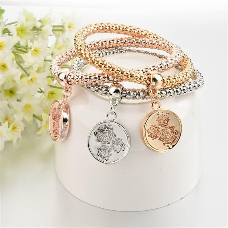 SILANER Crystal Charms Multilayer Bracelets - 3PCS Gold/Silver/Rose Gold Corn Chain Bracelet for Women, Tree of Life Heart Shaped Stretch Bracelet - Image 5